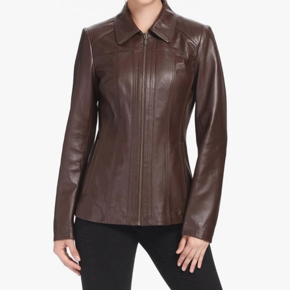 BGSD $300 Women's XL Dark Brown Soft Lambskin Leather Zip Up Classic Jacket  EUC